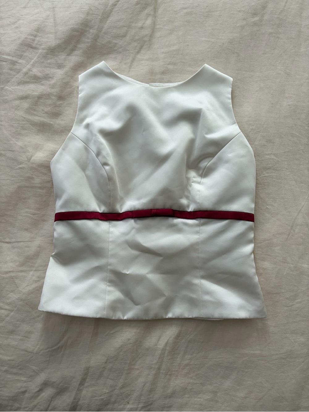Vintage Alfred Angelo White Sleeveless Vest with Burgundy Waist Ribbon
